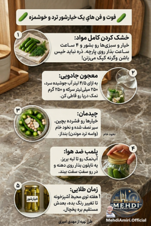 دربارۀ این مقاله بیشتر بخوانید فوت و فن یک خیارشور مشتی و درجه یک که تا ماه ها کپک نمیزنه و ترد و تر و تازم میمونه !