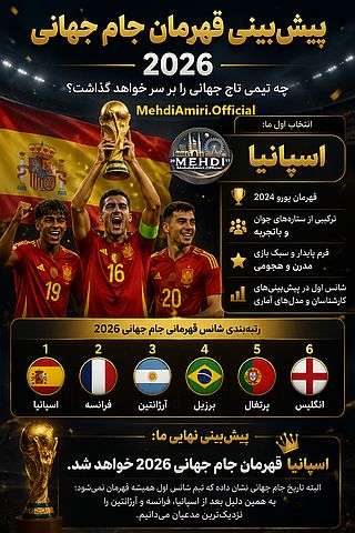 دربارۀ این مقاله بیشتر بخوانید پیش بینی قهرمان جام جهانی ۲۰۲۶: آیا اسپانیا بار دیگر تاریخ‌ساز می‌شود؟